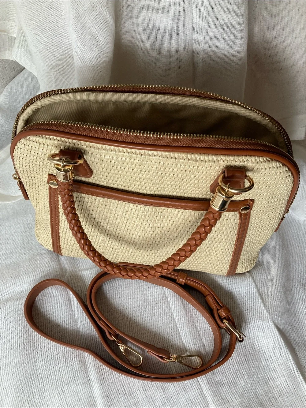 Woven Straw Satchel with Brown Trim - Women's Handbag